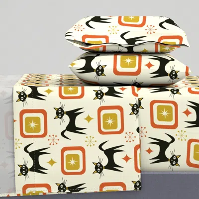 Spoonflower Mid Century Black Atomic Cats With Mustard And Orange Squares - Medium Queen Sheet Set