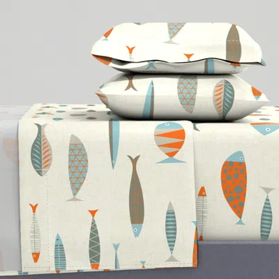 Spoonflower Mid Century Fish Cream Aqua Red King Sheet Set
