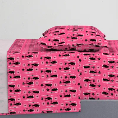 Spoonflower Mid Century Meow Retro Atomic Cats On Hot Pink - Horizontal Twin Xl Sheet Set