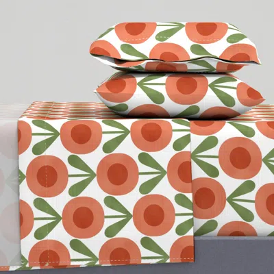 Spoonflower Mid Century Mod Flowers Terracotta Burnt Orange Green White Large Scale King Sheet Set