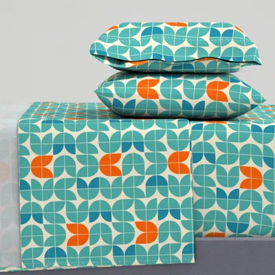 Spoonflower Mid Century Modern Tulips Orange & Teal - Regular Scale Queen Sheet Set