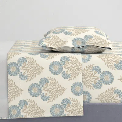 Spoonflower Mid Three Wild Cornflowers Block Print - Rustic Soft Brown Blue Beige Twin Sheet Set