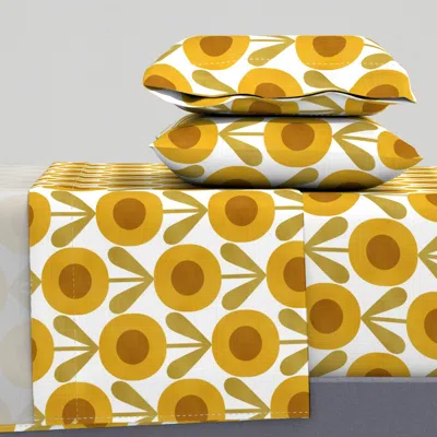 Spoonflower Midcentury Sunflower Pattern Retro Scandinavian Flowers Mustard And Green Queen Sheet Se
