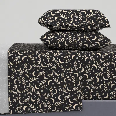 Spoonflower Midnight Dust Tiny Moons And Branches - Charcoal Black - Medium Scale King Sheet Set