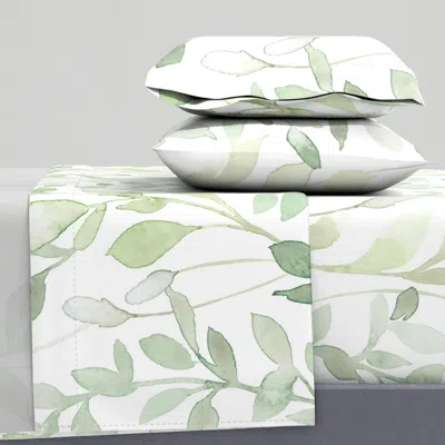 Spoonflower Midsummer // Leaves In Light Green X-large Scale Cal King Sheet Set