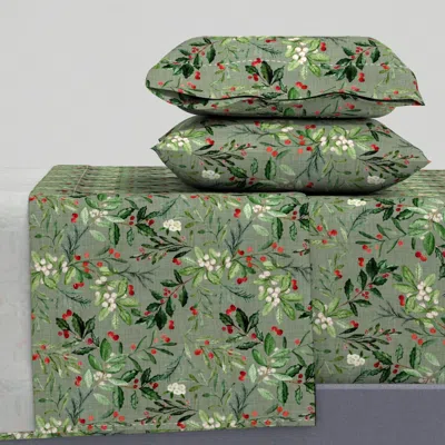 Spoonflower Mistletoe And Holly Christmas Florals // Sage Linen Queen Sheet Set