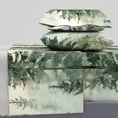 Spoonflower Misty Pines/watercolor Forest Landscape/ Design Featuring Tall Evergreen Queen Sheet Set