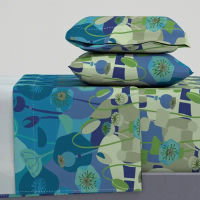 Spoonflower Mod Poppies-deep Blue Queen Sheet Set