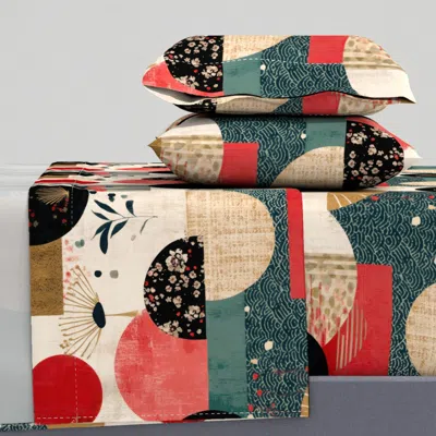 Spoonflower Modern Japandi Abstract In Ivory-gold-taupe And Red. Queen Sheet Set