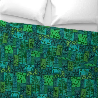 Spoonflower Moku Malihini On Blue Wide Cotton Sateen 3.5 oz 26" X 20" Standard Knife Edge In Green