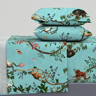 Spoonflower Monkey World Aqua Queen Sheet Set