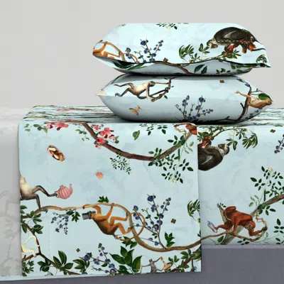 Spoonflower Monkey World Bubbleblue Queen Sheet Set