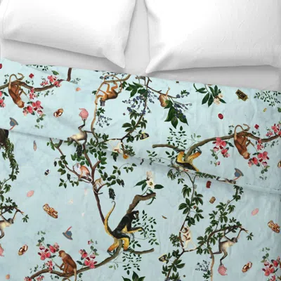 Spoonflower Monkey World Bubbleblue Wide Cotton Sateen 3.5 oz 26" X 20" Standard Knife Edge