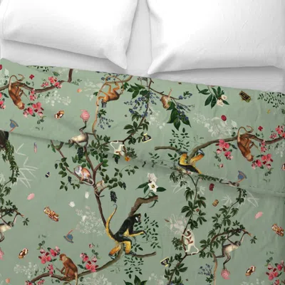 Spoonflower Monkey World Sage Wide Cotton Sateen 3.5 oz 26" X 20" Standard Knife Edge