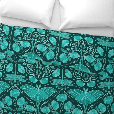 Spoonflower Monochromatic Art Nouveau Poppies Dragonflies And Lunar Moths - Teal King Pillow Sham