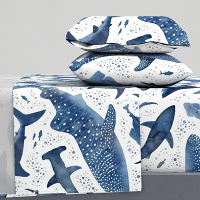 Spoonflower Monochrome Blue Shark Ocean Large Scale Full Sheet Set