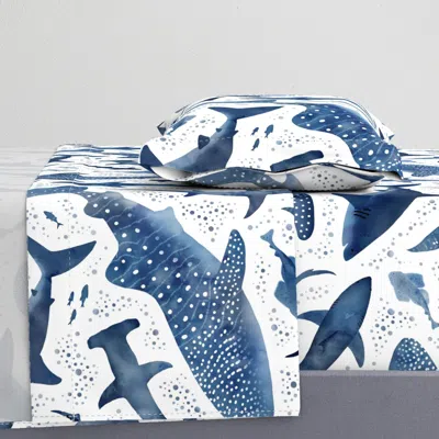 Spoonflower Monochrome Blue Shark Ocean Large Scale Twin Sheet Set