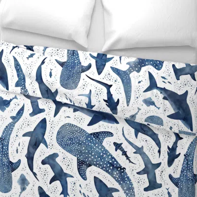 Spoonflower Monochrome Blue Shark Ocean Large Scale Wide Cotton Sateen 3.5 oz 26" X 20" Standard Knife Edge