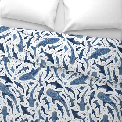 Spoonflower Monochrome Blue Watercolour Shark Ocean Wide Cotton Sateen 3.5 oz 26" X 20" Standard Knife Edge