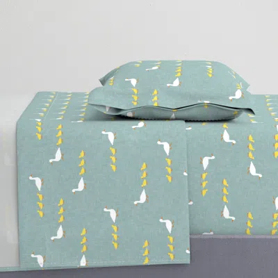 Spoonflower Mother Duck With Ducklings - Animal Nursery - Dusty Blue - Lad20 Twin Sheet Set