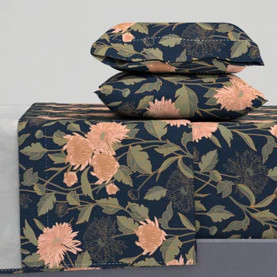 Spoonflower Mum S Chrysanthemum /midnight Blue/bloom/garden/floral King Sheet Set