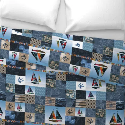 Spoonflower Nautical Maps Sailboats Flags Quilt Whole Cloth Medium Scale Blue Tan Wide Cotton Sateen 3.5 oz 26" 