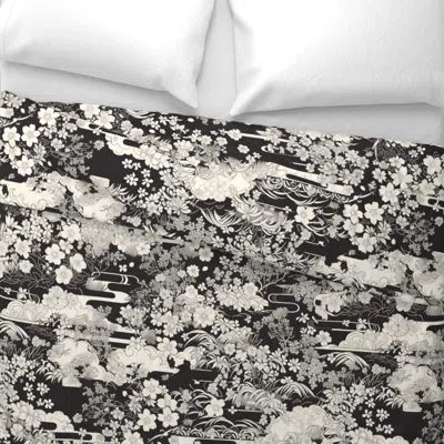 Spoonflower New Age Floral Kimono Black And White Wide Cotton Sateen 3.5 oz 26" X 20" Standard Knife Edge