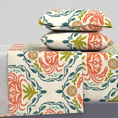 Spoonflower New England Summer Folk Inspired Crab Seaweed Sand Dollars Maine King Sheet Set