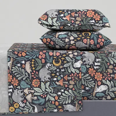 Spoonflower Nocturnal Forest Animals Raccoons Mice Opossums Badgers Bats Owls Queen Sheet Set