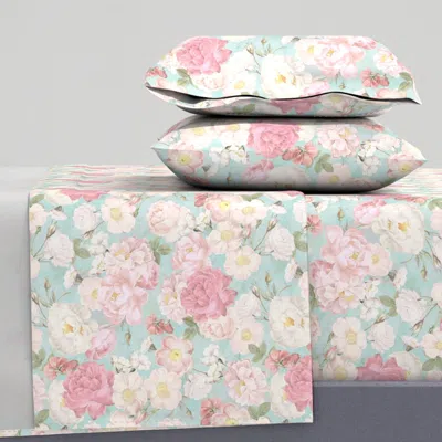 Spoonflower Nostalgic Pink And White Cottage New Farmhouse English Country Roses Queen Sheet Set