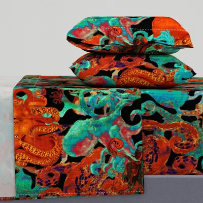 Spoonflower Octopus Fantasy - Crimson Teal & Black - Large Scale King Sheet Set