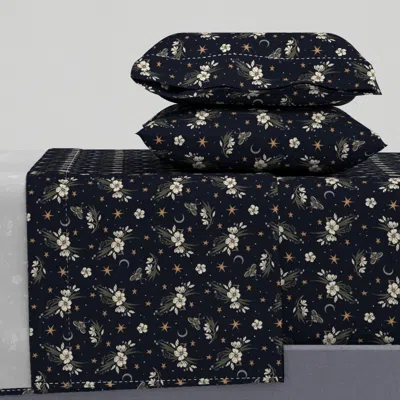 Spoonflower Oleander Midnight Whimsigoth - Floral Celestial Moth - Dark Academia Queen Sheet Set