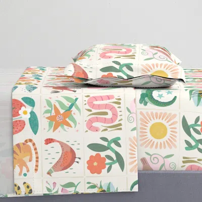 Spoonflower One Sunny Day - Large - Plants And Animals For This Faux Tile Design Twin Xl Sheet Set