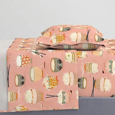 Spoonflower Oodles Of Noodles - Large - Pink - Playful Ramen Bowls Fun Food Kitchen Art Twin Sheet S
