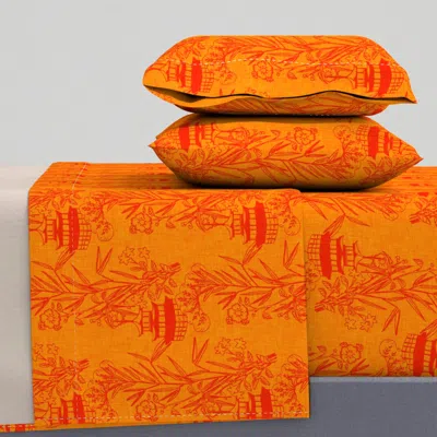 Spoonflower Orange Asian Toile Bamboo & Pagoda On Linen Texture Queen Sheet Set