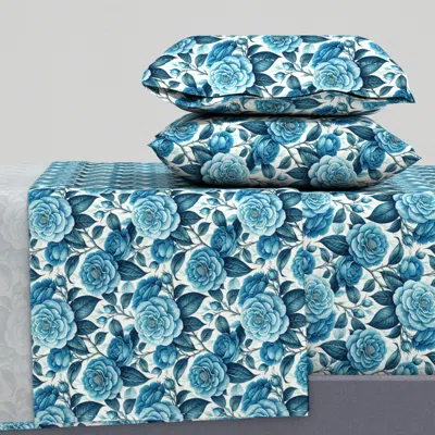 Spoonflower Overlapping Camellia Bright Blue Cal King Sheet Set