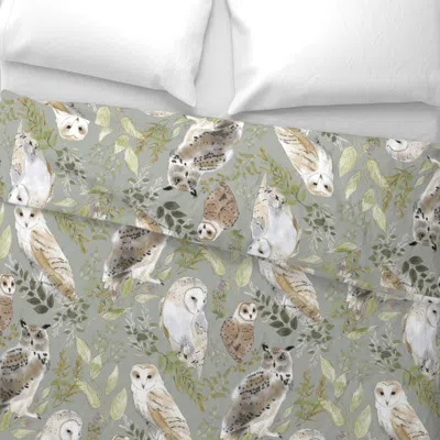 Spoonflower Owl Forest- On Light Gray (large Scale) Wide Cotton Sateen 3.5 oz 26" X 20" Standard Knife Edge
