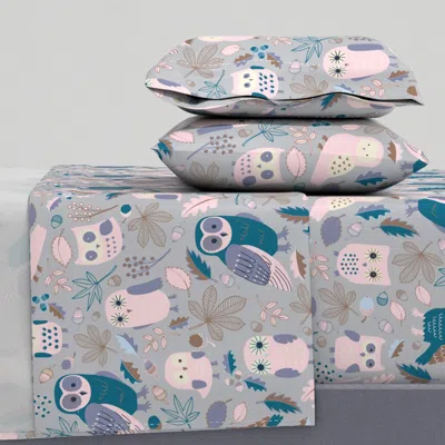 Spoonflower Owls In Autumn - Cotton Candy Teal And Tan On Grey - Medium Large King Sheet Set