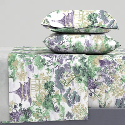 Spoonflower Painted Pagoda Chinoiserie - Lilac /sage On White Full Sheet Set