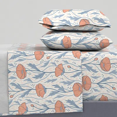 Spoonflower Painted Poppies Coral And Cornflower Large Queen Sheet Set