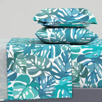Spoonflower Painted Turquoise Tropical Leaves On White Full Sheet Set