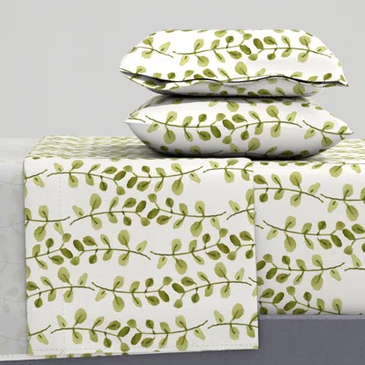 Spoonflower Painted Watercolor Leaves Minimalist Soft Sage Olive Green Spring Cottage King Sheet Set