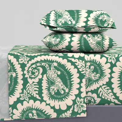 Spoonflower Paisley Tiger Block Print Off White On Emerald Green Dense Tossed Xl King Sheet Set