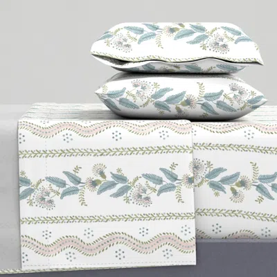 Spoonflower Pale Pink Sage And Blue On White King Sheet Set