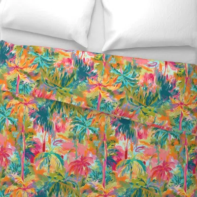 Spoonflower Palm Beach Dreamscape - Pink/green Wallpaper Wide Cotton Sateen 3.5 oz 30" X 24" Standard Flanged