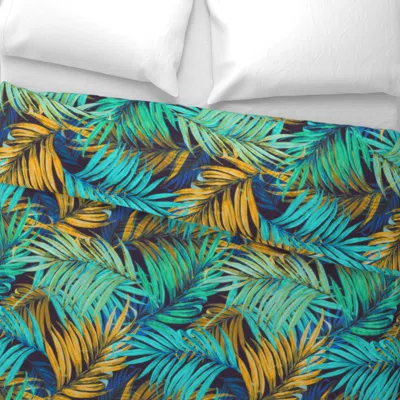 Spoonflower Palm Leaves Vintage Aqua Yellow Wide Cotton Sateen 3.5 oz 26" X 20" Standard Knife Edge