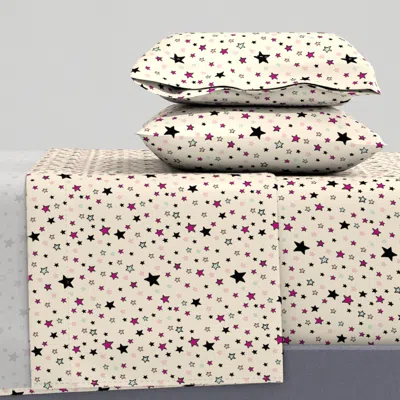 Spoonflower Paper Moon Collection - Pink Black Mint Green Stars On Cappuccino Cream Queen Sheet Set