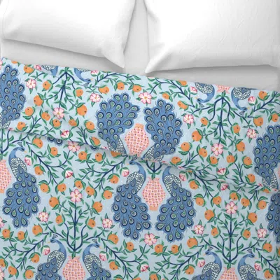Spoonflower Peacock Garden - Orange And Blue On Light Blue Background - Large Euro Pillow Sham