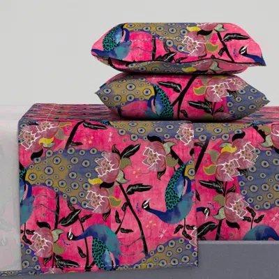 Spoonflower Peacock Paradise On Rubine Red Queen Sheet Set