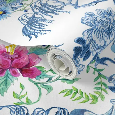 Spoonflower Peel And Stick Wallpaper 12" Chinoiserie Peacock Pagoda Willow Tree Floral In Pink By Audrey Jeanne 